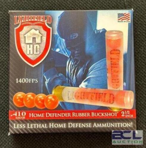 DESCRIPTION (10) 5CT BOXES OF 410 4-BALL RUBBER BUCK SHOTGUN SHELLS BRAND / MODEL: LIGHTFIELD THIS LOT IS: 2-1/2" SIZE $14.99 EACH LOCATION AMMO WALL