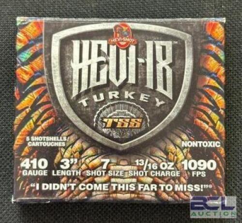 DESCRIPTION (3) 5CT BOXES OF 410 SHOTGUN SHELLS BRAND / MODEL: HEVI-18 ADDITIONAL INFORMATION #7 THIS LOT IS: 3" SIZE $45.99 EACH LOCATION AMMO WALL Q