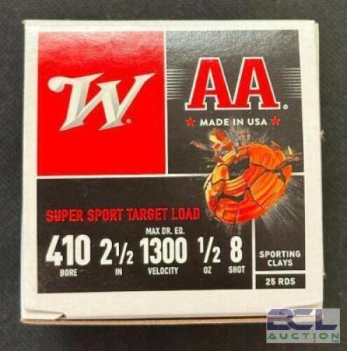 DESCRIPTION (9) 25CT BOXES OF 410 SHOTGUN SHELLS BRAND / MODEL: WINCHESTER AA ADDITIONAL INFORMATION #8 THIS LOT IS: 2-1/2" SIZE $22.99 EACH LOCATION