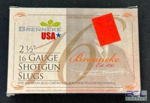 DESCRIPTION (9) 5CT BOXES OF 16 GAUGE SHOTGUN SLUGS BRAND / MODEL: BRENNEKE THIS LOT IS: 2-3/4" SIZE $12.99 EACH LOCATION AMMO WALL QTY 9