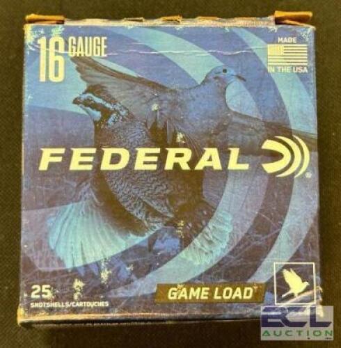 DESCRIPTION (1) 25CT BOX OF 16 GAUGE SHOTGUN SHELLS BRAND / MODEL: FEDERAL ADDITIONAL INFORMATION #7.5 THIS LOT IS: 2-3/4" SIZE $24.99 LOCATION AMMO W