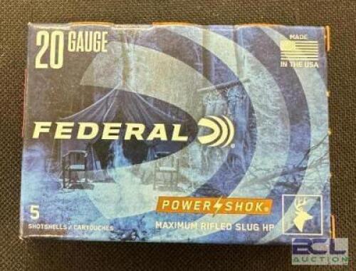 DESCRIPTION (1) 5CT BOX OF 20 GAUGE SHOTGUN SHELLS BRAND / MODEL: FEDERAL SIZE $6.99 LOCATION AMMO WALL QTY 1