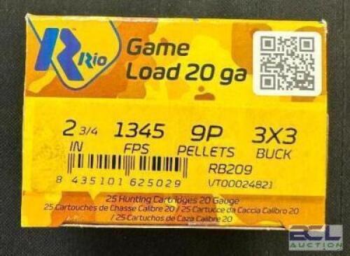 DESCRIPTION (7) 25CT BOXES OF 20 GAUGE SHOTGUN SHELLS BRAND / MODEL: RIO THIS LOT IS: 2-3/4" SIZE $22.99 EACH LOCATION AMMO WALL QTY 7