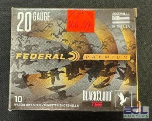 DESCRIPTION (8) 10CT BOXES OF 20 GAUGE SHOTGUN SHELLS BRAND / MODEL: FEDERAL THIS LOT IS: 3" SIZE $46.99 EACH LOCATION AMMO WALL QTY 8