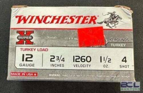 DESCRIPTION (12) 10CT BOXES OF 12 GAUGE SHOTGUN SHELLS BRAND / MODEL: WINCHESTER SUPERX ADDITIONAL INFORMATION #4 THIS LOT IS: 2-3/4" SIZE $12.99 EACH