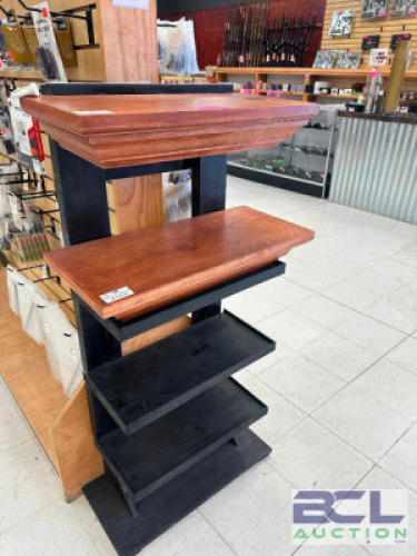 DESCRIPTION 24" FOUR TIER WOODEN AND METAL FLOOR DISPLAY SHELF. LOCATION MIDDLE FLOOR QTY 1