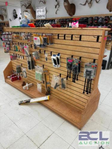 DESCRIPTION 8' DOUBLE SIDED WOODEN SLAT WALL FLOOR DISPLAY SHELF. ADDITIONAL INFORMATION CONTENTS ARE NOT INCLUDED. LAST DAY PICK UP ONLY. LOCATION MI