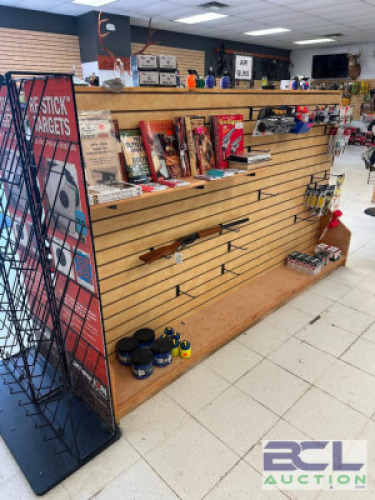 DESCRIPTION 8' DOUBLE SIDED WOODEN SLAT WALL FLOOR DISPLAY SHELF. ADDITIONAL INFORMATION CONTENTS ARE NOT INCLUDED. LAST DAY PICK UP ONLY. LOCATION MI