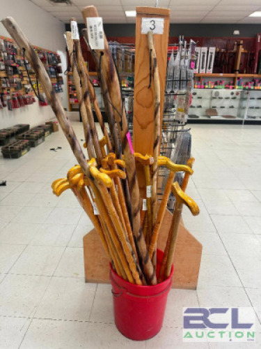 DESCRIPTION CANE DISPLAY W/ CONTENTS - ASSORTED WOODEN CANES. LOCATION MIDDLE FLOOR QTY 1