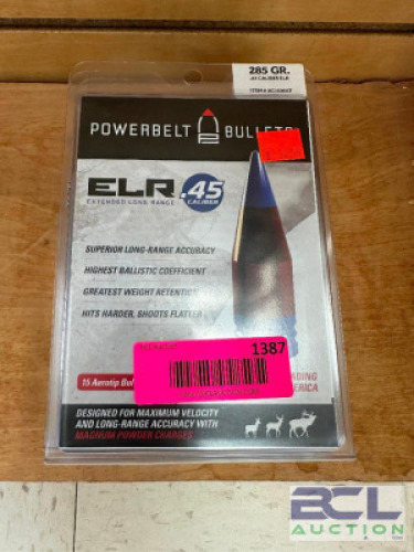DESCRIPTION (6) POWERBELT ELR .45 285 GR PACKS ADDITIONAL INFORMATION RETAILS FOR $36 EACH THIS LOT IS: SOLD BY THE PIECE LOCATION MIDDLE FLOOR QTY 6