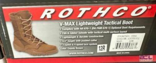 DESCRIPTION ROTHCO V-MAX LIGHTWEIGHT TACTICAL BOOT, BROWN SIZE 12R ADDITIONAL INFORMATION RETAILS FOR $63 LOCATION SOUTH WALL QTY 1