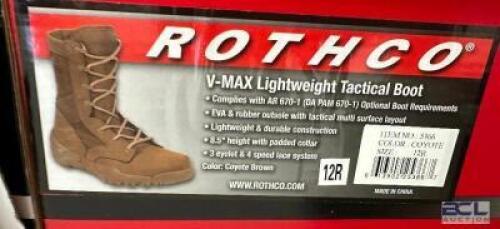 DESCRIPTION ROTHCO V-MAX LIGHTWEIGHT TACTICAL BOOT, BROWN SIZE 12R ADDITIONAL INFORMATION RETAILS FOR $63 LOCATION SOUTH WALL QTY 1