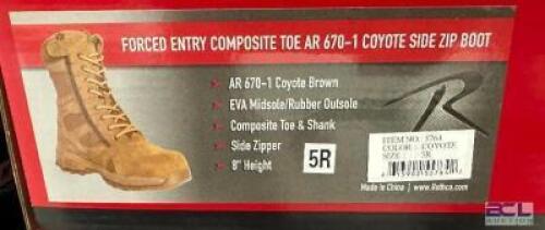 DESCRIPTION ROTHCO FORCED ENTRY COMPOSITE TOE AR-670-1 COYOTE SIDE ZIP BOOT 5R ADDITIONAL INFORMATION RETAILS FOR $63 LOCATION SOUTH WALL QTY 1