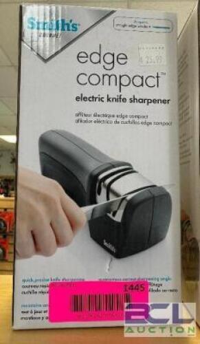 DESCRIPTION SMITHS COMPACT EDGE ELECTRIC KNIFE SHARPENER BRAND / MODEL: SMITHS ADDITIONAL INFORMATION RETAILS FOR $25.99 LOCATION MIDDLE FLOOR QTY 1