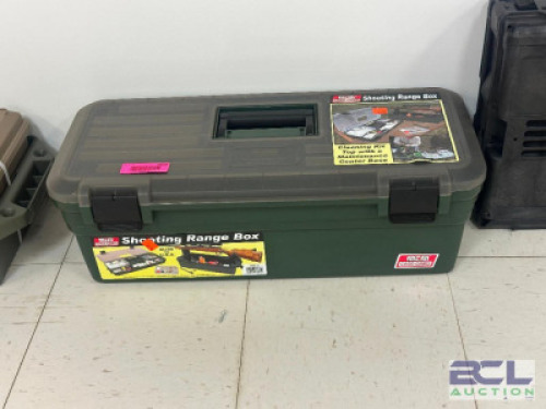 DESCRIPTION SHOOTING RANGE BOX BRAND / MODEL: CASE GARD ADDITIONAL INFORMATION SEE PHOTOS FOR CLOSE UP OF LOT CONTENTS. SIZE MAGAZINE WALL LOCATION ON