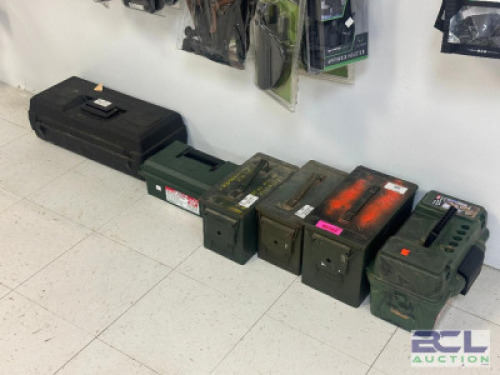DESCRIPTION (6) - ASSORTED AMMO CRATES ADDITIONAL INFORMATION SEE PHOTOS FOR CLOSE UP OF LOT CONTENTS. SIZE HOLISTER WALL LOCATION SOLD BY THE PIECE Q