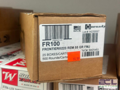 DESCRIPTION FULL CASE OF 223 REMINGTON 55 RIFLE AMMO BRAND / MODEL: HORNADY SIZE BACK ROOM LOCATION ONE MONEY QTY 1