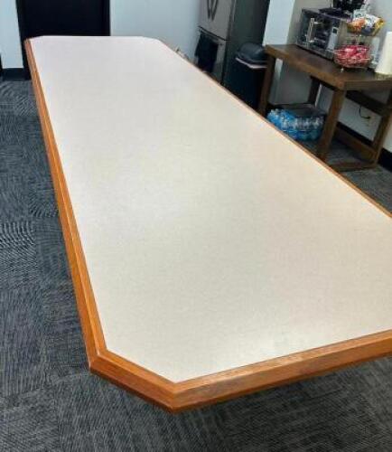 DESCRIPTION: 12' X 4'&nbsp; DOUBLE PEDESTAL WHITE COMPOSITE CONFERENCE TABLE W/ HARDWOOD EDGE. SIZE:12' X 4' QTY: X 1