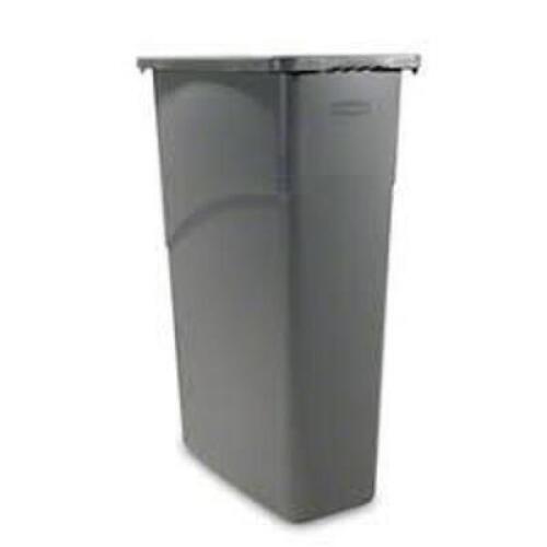DESCRIPTION: (2) SLIMJIM HEAVY DUTY TRASH CANS BRAND/MODEL: RUBBERMAID INFORMATION: GRAY, WITH CINCH CORNER SIZE: 20" L x 11" W x 30" H RETAIL$: $126.