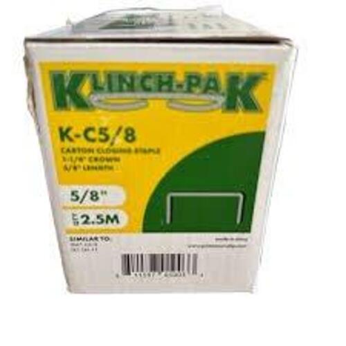 DESCRIPTION: (1) BOX OF (2.5M) CONSTRUCTION STAPLE BRAND/MODEL: KLINCH-PAK #K-C5/8 INFORMATION: WIDE CROWN, COPPER SIZE: 5/8" X 1-1/4" RETAIL$: $256.1