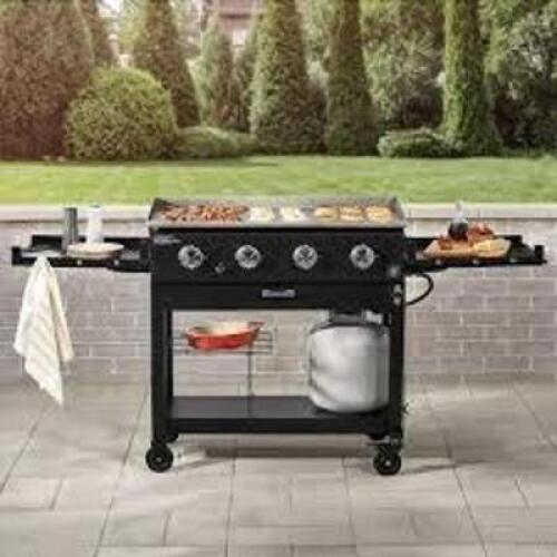 DESCRIPTION: (1) 4 BURNER GAS GRIDDLE BRAND/MODEL: MEMBERS MARK INFORMATION: BLACK, OVERSIZED SIDE TABLES, FOLDING RETAIL$: $250.00 EA QTY: 1