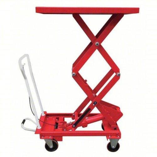 DESCRIPTION: (1) MANUAL MOBILE SCISSOR LIFT TABLEBRAND/MODEL: DAYTON #33W295INFORMATION: REDSIZE: 660 LB CAPACITY, 39 1/2" X 20 1/2" PLATFORMRETAIL$: $1128.13 EAQTY: 1