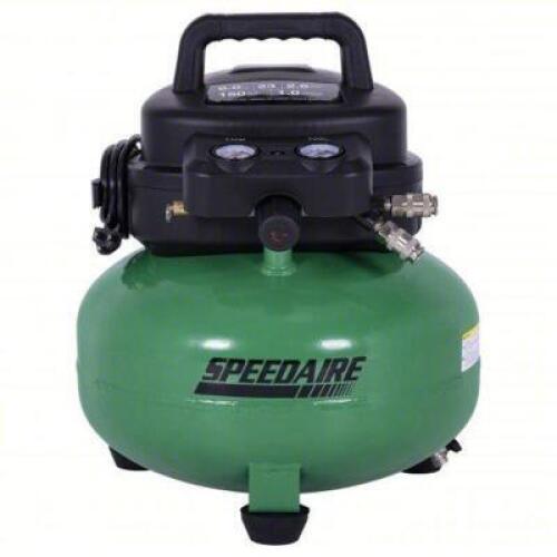DESCRIPTION: (1) PORTABLE AIR COMPRESSOR BRAND/MODEL: SPEEDAIRE #810RA7 INFORMATION: OIL FREE, 1HP, 6 GAL, PANCAKE, 2.6CFM@90 PSI, 120V AC, 12.0 AMP.