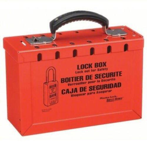 DESCRIPTION: (1) GROUP LOCKOUT BOX BRAND/MODEL: MASTER LOCK #4EMZ1 INFORMATION: RED, STEEL, PORTABLE, HINGED, 12 PADLOCKS SIZE: 6" X 9.25" X 3.75" RET
