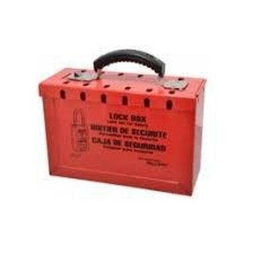 DESCRIPTION: (1) GROUP LOCKOUT BOX BRAND/MODEL: MASTER LOCK #4EMZ1 INFORMATION: STEEL, RED, PORTABLE, HINGED, 12 PADLOCKS SIZE: 6 IN X 9.25 IN 3.75 IN