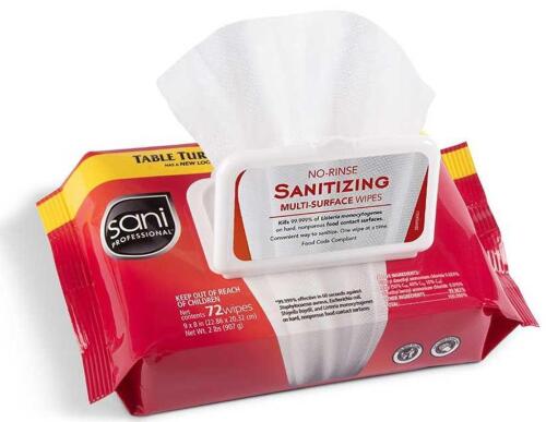 DESCRIPTION: (6) NO RINSE SANITIZING WIPES BRAND/MODEL: SANI PROFESSIONAL SIZE: 72 WIPES PER CONTAINER RETAIL$: 60 QTY: 6