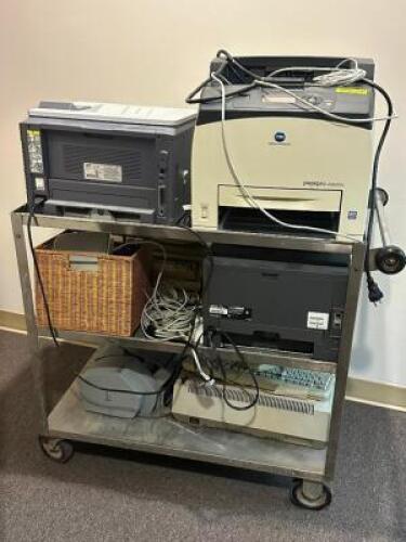 ROLLING CART WITH ASSORTED OLD PRINTERS