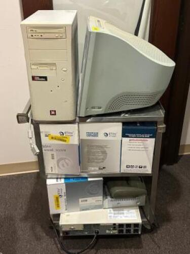 ROLLING CART WITH ASSORTED OLD PRINTERS