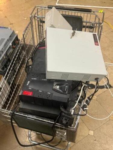 SHOPPING CART WITH OLD BBU AND ASSORTED OLD TECH
