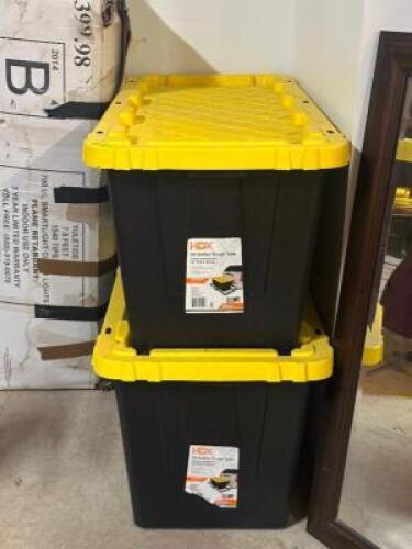 (2) - 55 GAL. TOUGH TOTES WITH ASSORTED BEDDING AND HOME DECOR