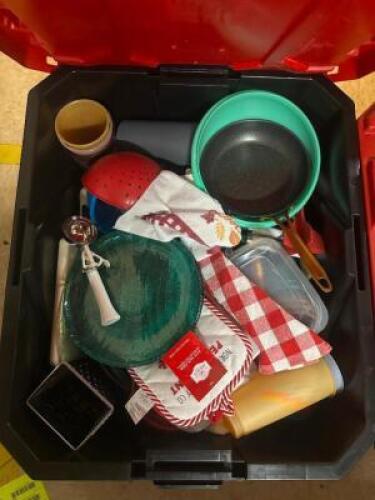 HEAVY DUTY STACKABLE TOTE WITH ASSORTED KITCHEN SUPPLIES AND UTENSILS