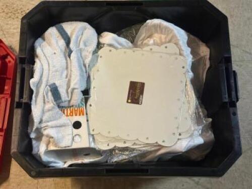 HEAVY DUTY STACKABLE TOTE WITH ASSORTED KITCHEN SUPPLIES AND UTENSILS