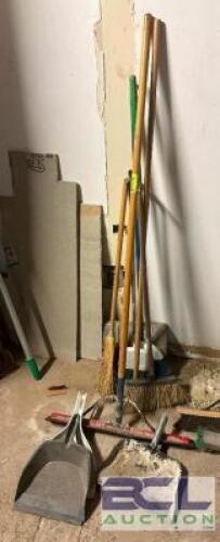 ASSORTED BROOMS AND DUST PANS