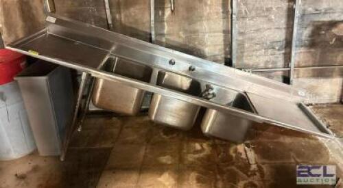 THREE WELL STAINLESS SINK WITH DRAIN BOARD