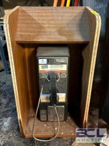 VINTAGE PAY PHONE WITH WALL MOUNTED BOOTH