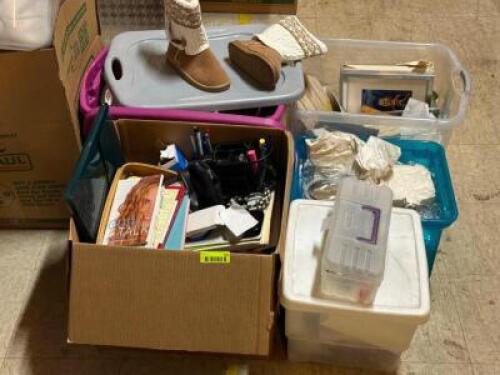 (6) - BINS OF ASSORTED OFFICE DECOR, OFFICE ITEMS, FAUX GLASS, AND CLOTHING