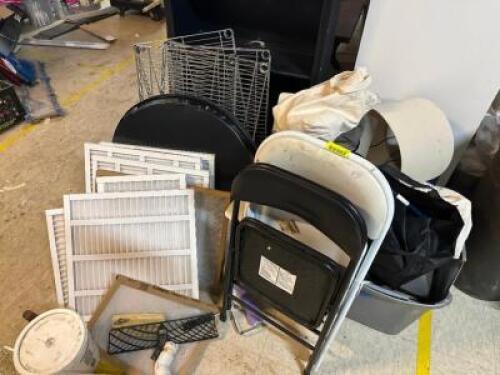 LARGE GROUP OF ASSORTED FOLDING CHAIRS, HARDWARE, FILTERS, AND RACKING