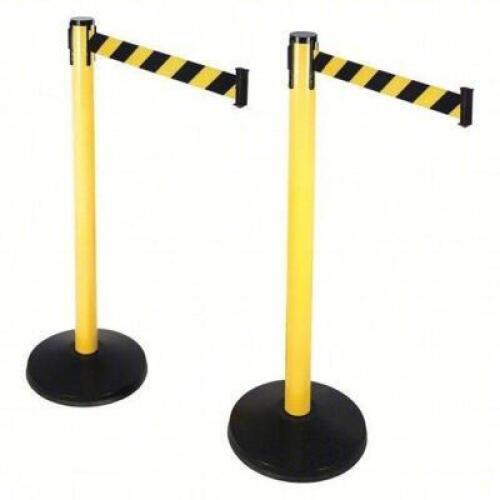 DESCRIPTION: (1) SET OF (2) BARRIER POST WITH BELT BRAND/MODEL: RETRACTA TO BELT PRIME #40CL70 SIZE: 40 1/2 IN POST HT, 10 FT BELT LG RETAIL$: $255.06