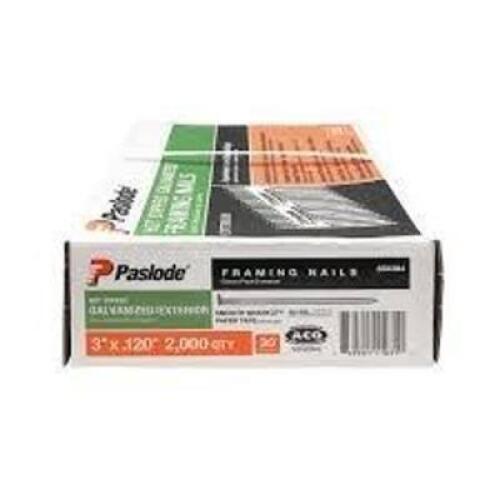 DESCRIPTION: (1) BOX OF (2000) FRAMING NAILS BRAND/MODEL: PASLODE #650384 SIZE: 3" X .120" RETAIL$: $129.00 EA QTY: 1
