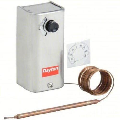 DESCRIPTION: (1) LINE VOLT MECHANICAL TSTAT BRAND/MODEL: DAYTON #2NNT3 INFORMATION: TO 30 DEGREES TO 90 DEGREESF, STAINLESS STEEL, FIXED, 3 DEGREESF,