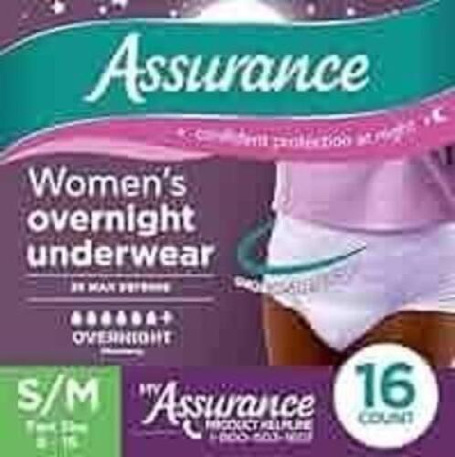 DESCRIPTION: (1) PACK OF (16) PAIRS OF WOMENS OVERNIGHT UNDERWEAR BRAND/MODEL: ASSURANCE SIZE: SMALL / MEDIUM RETAIL$: $18.88 EA QTY: 1