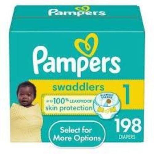 DESCRIPTION: (1) PACK OF (198) SWADDLERS BRAND/MODEL: PAMPERS SIZE: SIZE 1 RETAIL$: $55.94 EA QTY: 1