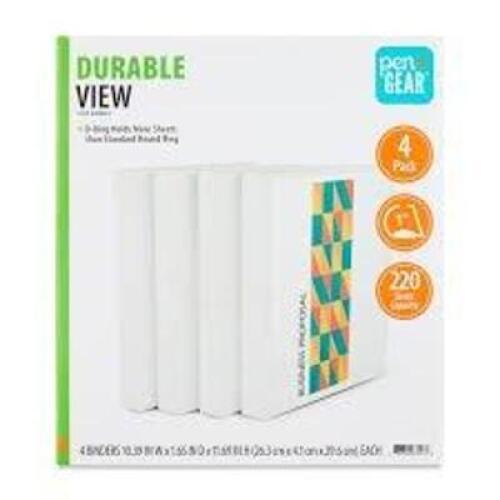 DESCRIPTION: (4) DURABLE BINDERS BRAND/MODEL: PEN + GEAR INFORMATION: WHITE, VINYL, CLEAR FRONT SIZE: 10.16" X 1.03" X 11.69" RETAIL$: $14.97 EA QTY: