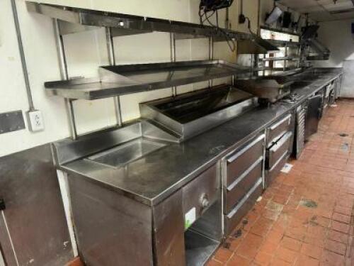 30' STAINLESS CHEFS LINE W/ REFRIGERATED DRAWERS, RISER SHELVING, WARMERS AND MORE.