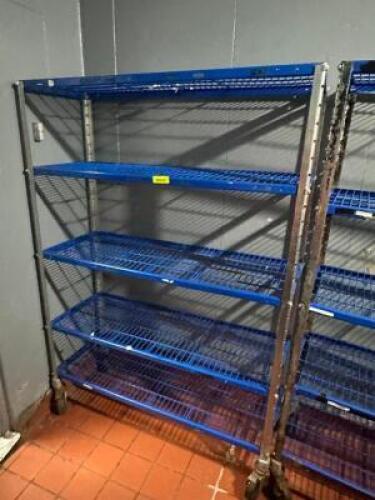 48" X 18" FIVE TIER BLUE WIRE SHELVES - ON CASTERS