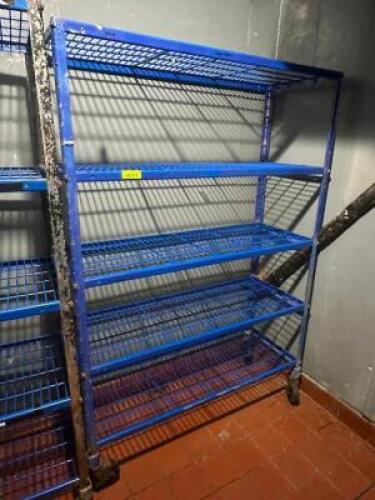 48" X 18" FIVE TIER BLUE WIRE SHELVES - ON CASTERS